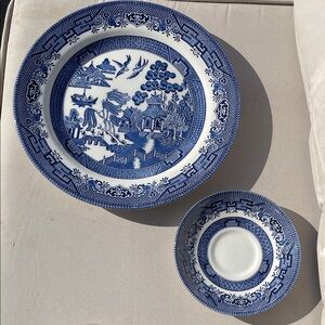 Vintage Churchill Blue Willow Porcelain Dinner Plate and Saucer Set - Blue